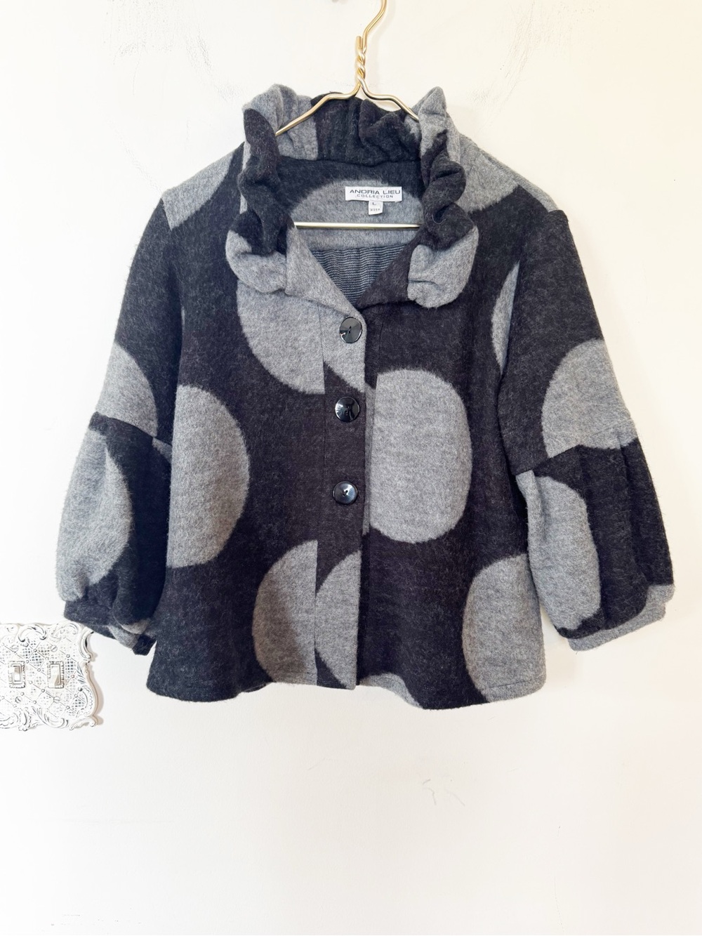 Andria Lieu Black Charcoal Gray Polka Dot Soft 3/4 Sleeve Retro Jacket L